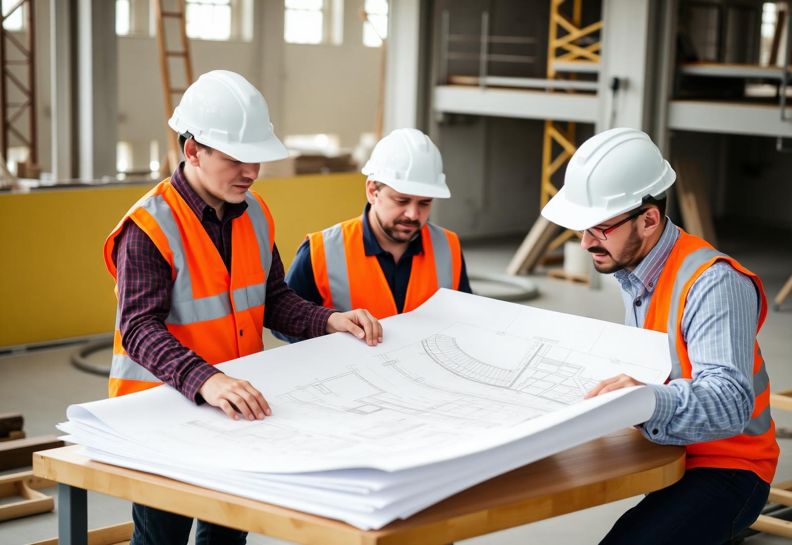 Engineers reviewing construction drawings on site